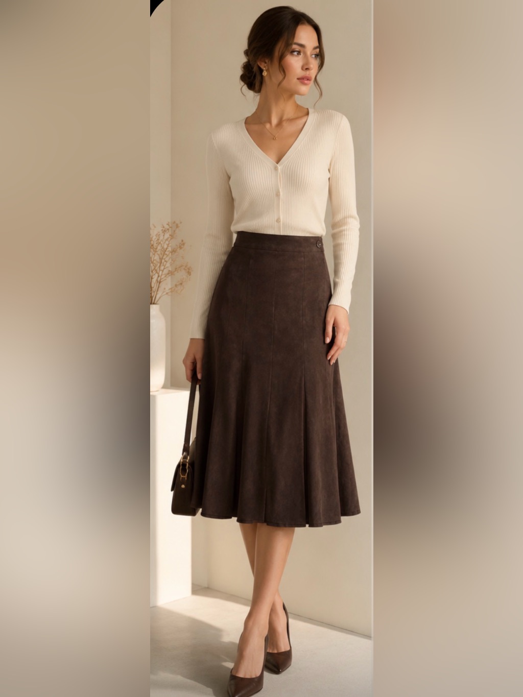 Dressbarn Brown A-Line Midi Skirt - Women's Elegant Flare